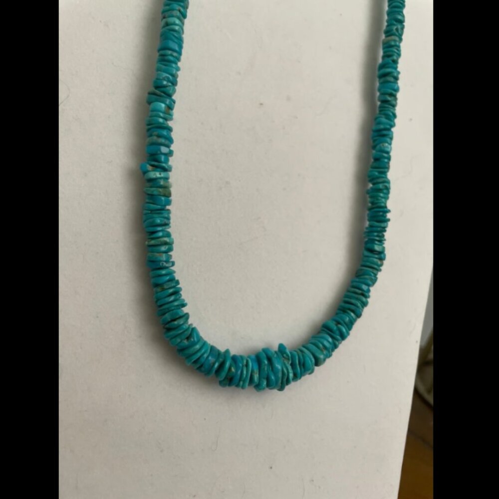 Turquoise Stacked Stone Chip Heishi Necklace w/ Sterling Silver Chain Clasp - Picture 3 of 4